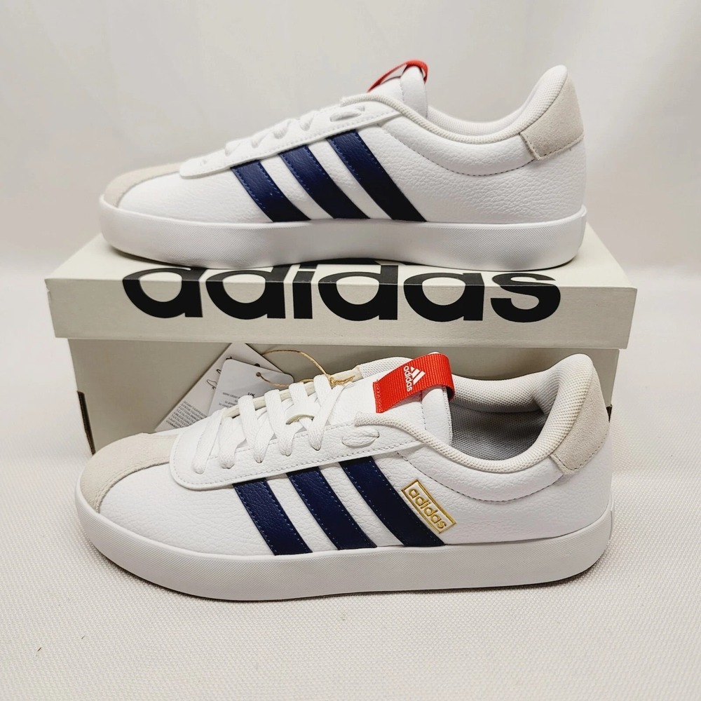 adidas original VL Court 3.0 Shoes Mens Sz‎ 8 White Navy Blue Suede Grand ID6287
